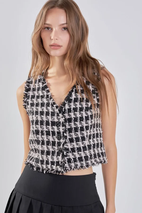 ENDLESS ROSE Tops*- Fringed Tweed Vest BLACK/PINK