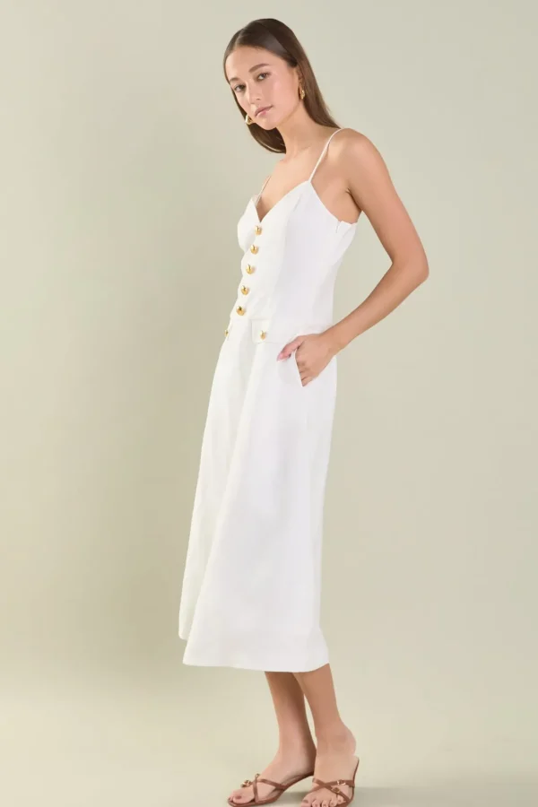 ENDLESS ROSE Tops*- Gold Buttons Linen Midi Dress IVORY