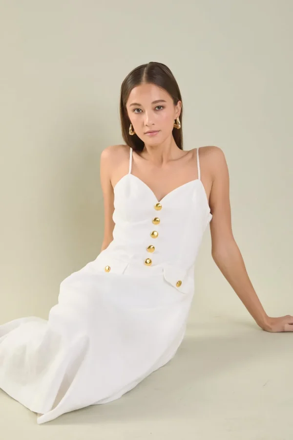 ENDLESS ROSE Tops*- Gold Buttons Linen Midi Dress IVORY