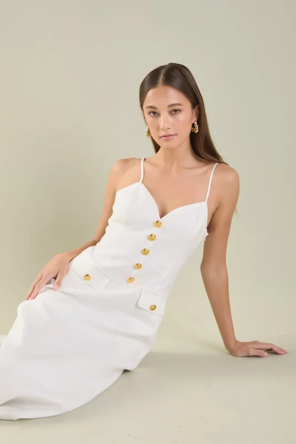 ENDLESS ROSE Tops*- Gold Buttons Linen Midi Dress IVORY