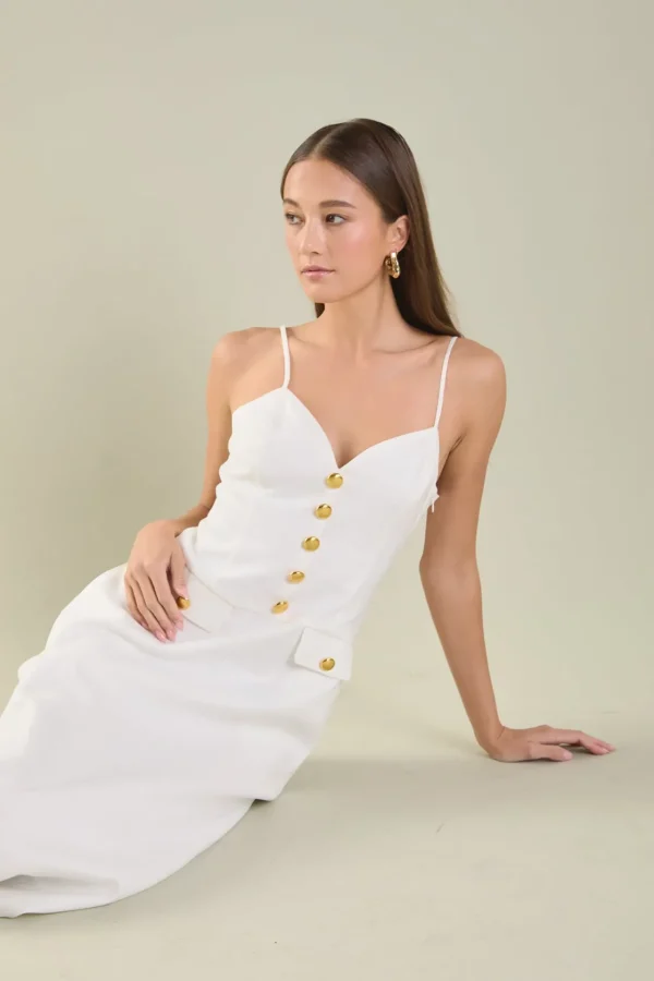 ENDLESS ROSE Tops*- Gold Buttons Linen Midi Dress IVORY
