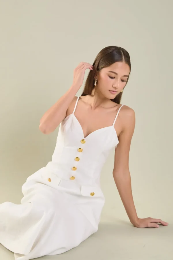 ENDLESS ROSE Tops*- Gold Buttons Linen Midi Dress IVORY