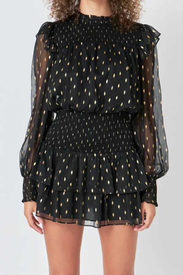 ENDLESS ROSE Tops*- Gold Dot Printed Mini Dress BLACK
