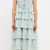 ENDLESS ROSE Tops*- Gridded Texture Floral Smocked Tiered Maxi Dress BLUE