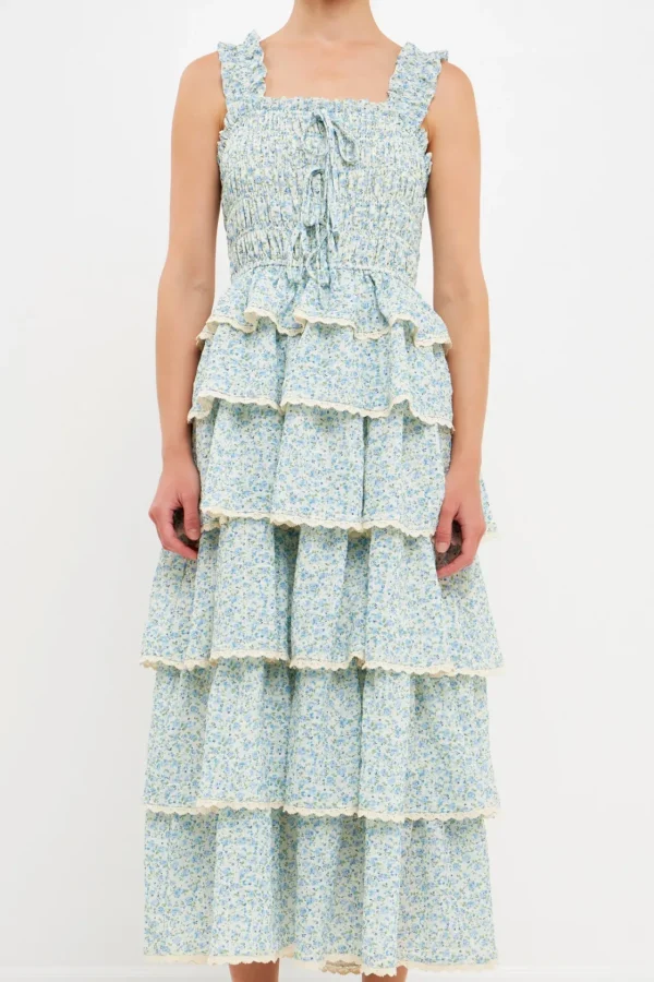 ENDLESS ROSE Tops*- Gridded Texture Floral Smocked Tiered Maxi Dress BLUE