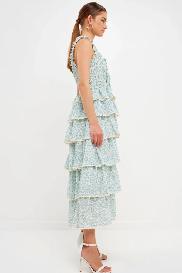 ENDLESS ROSE Tops*- Gridded Texture Floral Smocked Tiered Maxi Dress BLUE