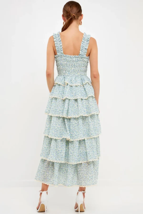 ENDLESS ROSE Tops*- Gridded Texture Floral Smocked Tiered Maxi Dress BLUE