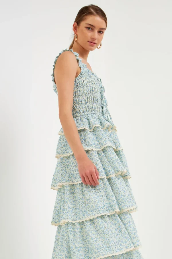 ENDLESS ROSE Tops*- Gridded Texture Floral Smocked Tiered Maxi Dress BLUE