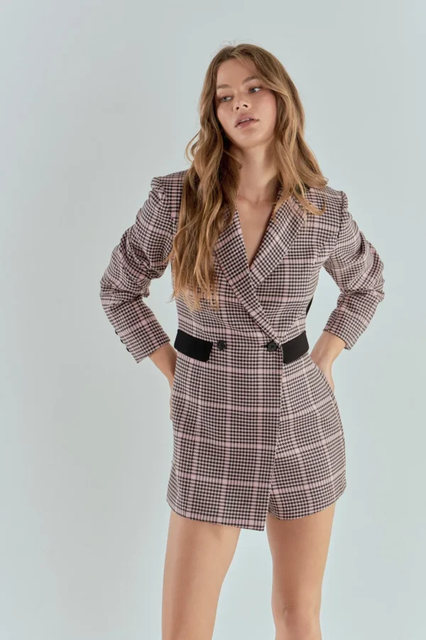 ENDLESS ROSE Tops*- Houndstooth Contrast Romper PINKMULTI