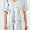 ENDLESS ROSE Tops*- Jacquard Puff Sleeve High Low Dress BLUE