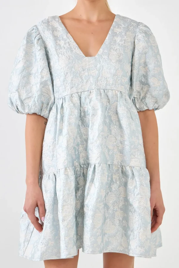 ENDLESS ROSE Tops*- Jacquard Puff Sleeve High Low Dress BLUE