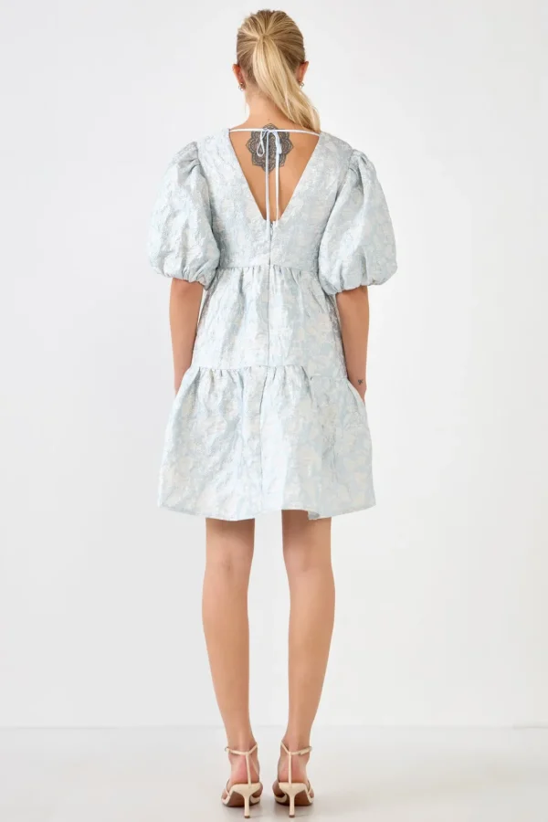 ENDLESS ROSE Tops*- Jacquard Puff Sleeve High Low Dress BLUE