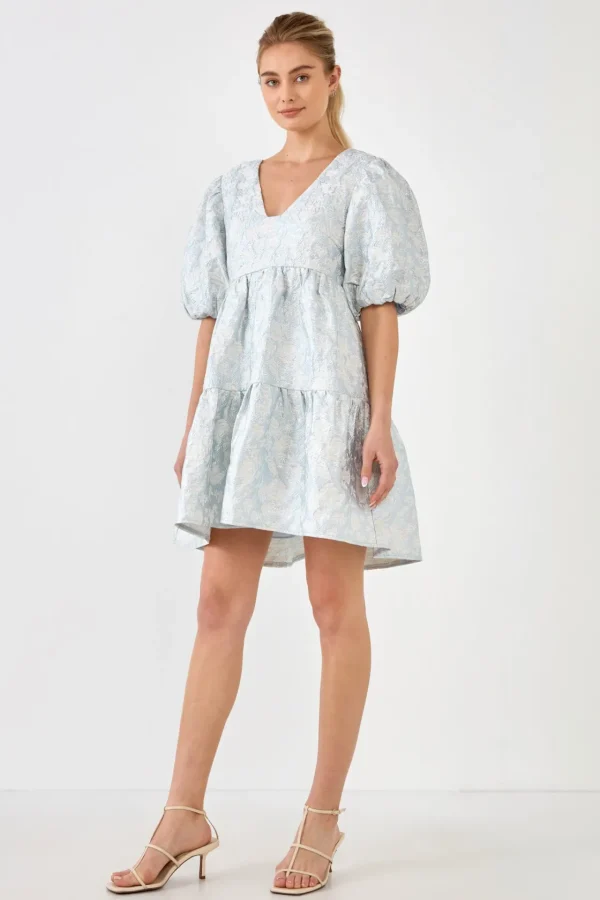 ENDLESS ROSE Tops*- Jacquard Puff Sleeve High Low Dress BLUE