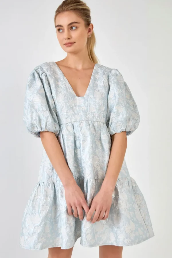 ENDLESS ROSE Tops*- Jacquard Puff Sleeve High Low Dress BLUE