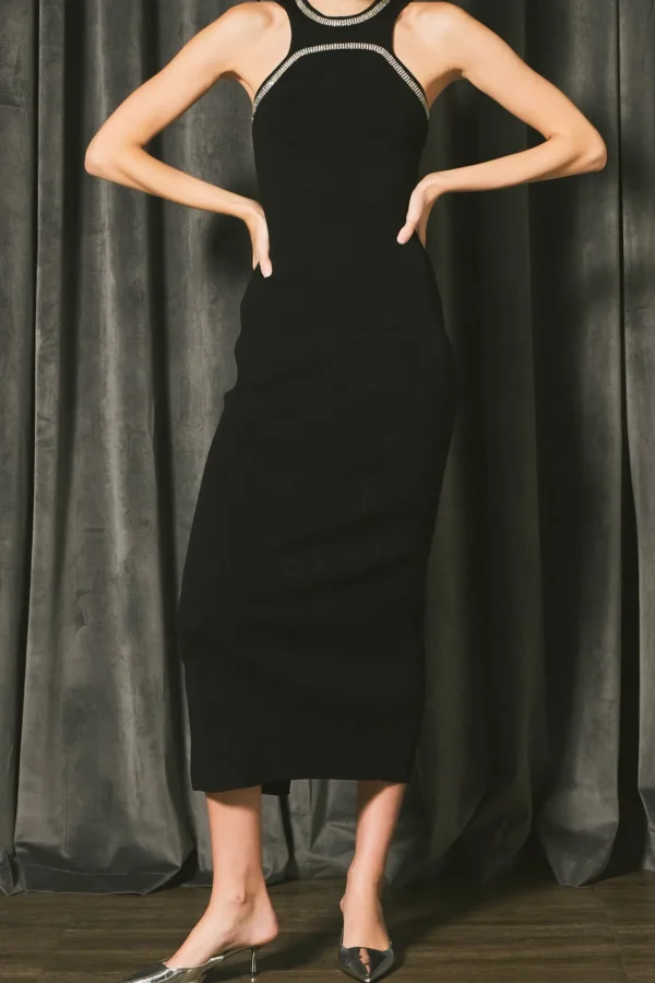 ENDLESS ROSE Tops*- Jewel Trim Knit Maxi Dress BLACK