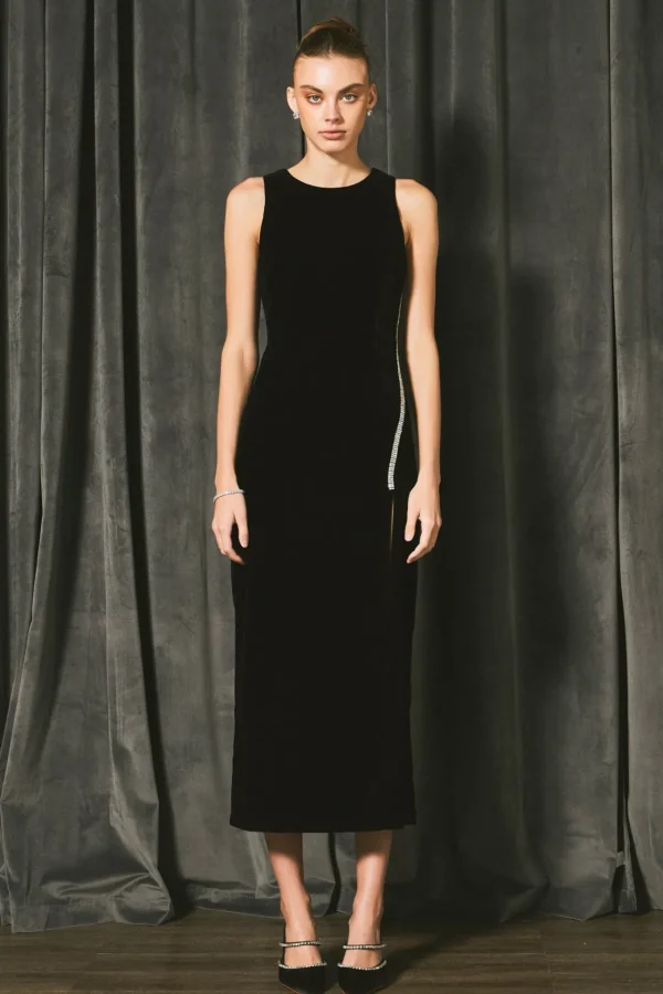 ENDLESS ROSE Tops*- Jewel Trim Maxi Velvet Dress BLACK