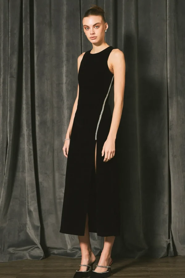 ENDLESS ROSE Tops*- Jewel Trim Maxi Velvet Dress BLACK