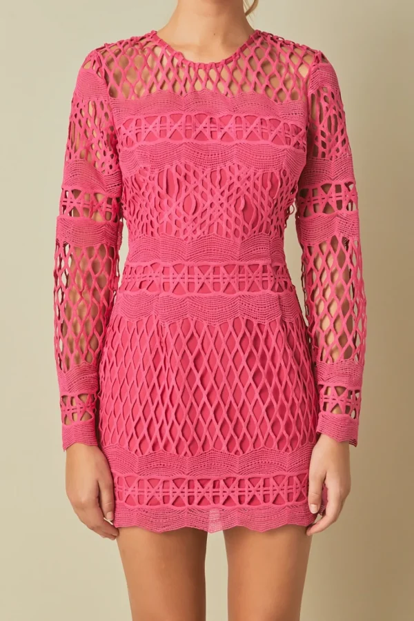 ENDLESS ROSE Tops*- Long Sleeve Crochet Mini Dress FUCHSIA