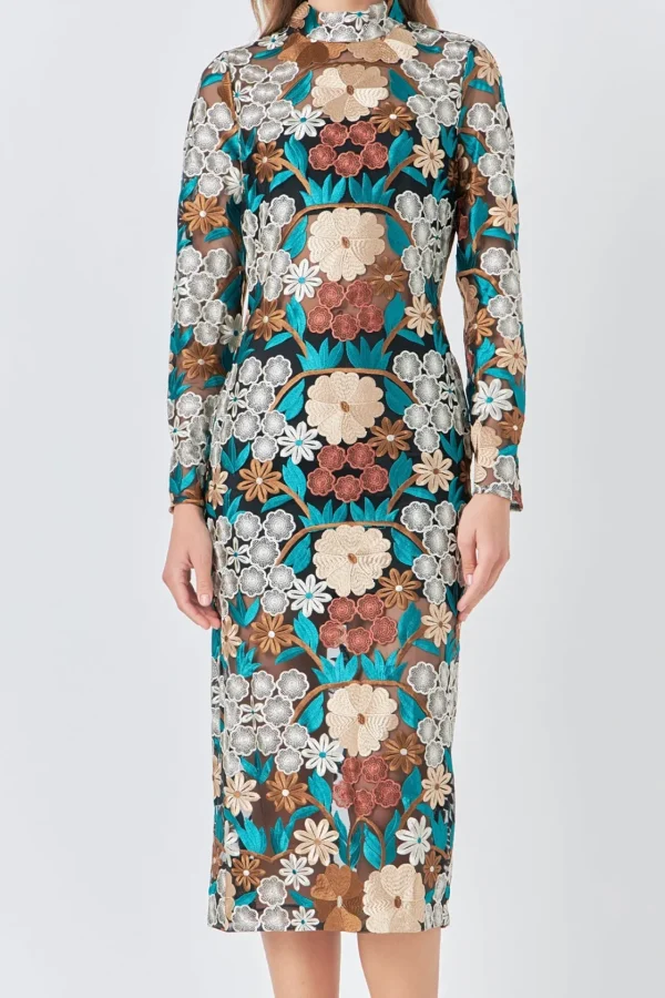ENDLESS ROSE Tops*- Long Sleeve Floral Embroidered Midi Dress GREENMULTI