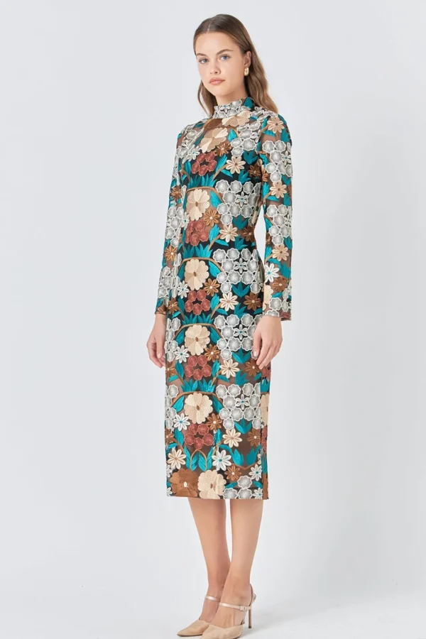 ENDLESS ROSE Tops*- Long Sleeve Floral Embroidered Midi Dress GREENMULTI
