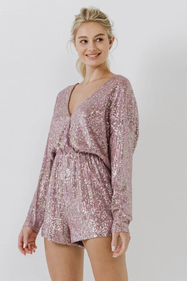 ENDLESS ROSE Tops*- Long Sleeve Sequin Romper