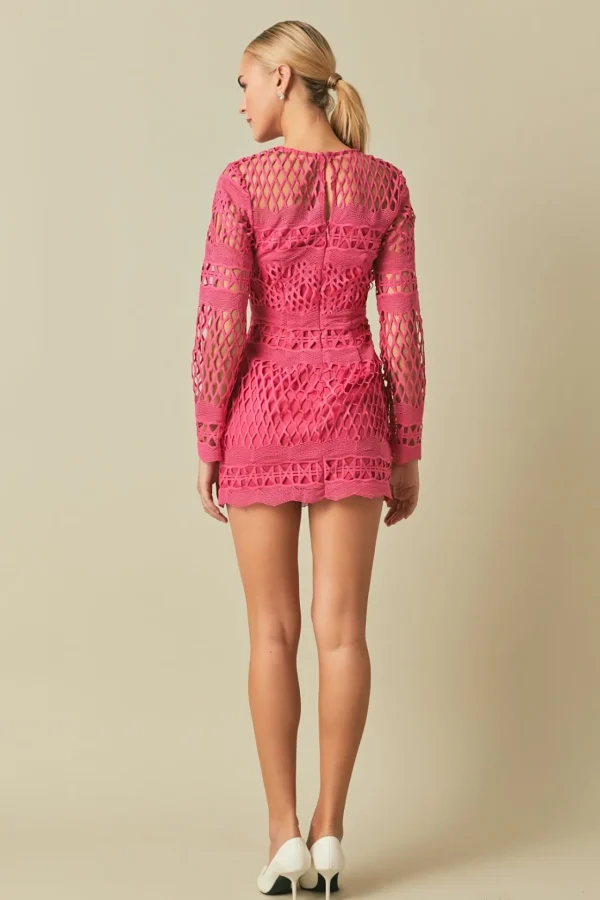 ENDLESS ROSE Tops*- Long Sleeve Crochet Mini Dress FUCHSIA