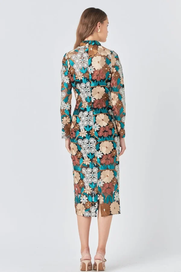 ENDLESS ROSE Tops*- Long Sleeve Floral Embroidered Midi Dress GREENMULTI