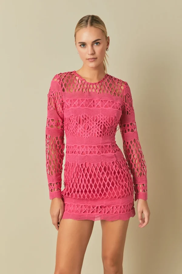 ENDLESS ROSE Tops*- Long Sleeve Crochet Mini Dress FUCHSIA
