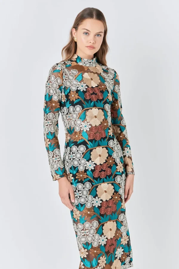 ENDLESS ROSE Tops*- Long Sleeve Floral Embroidered Midi Dress GREENMULTI