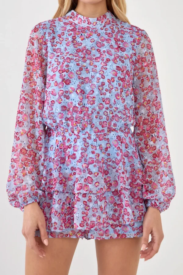 ENDLESS ROSE Tops*- Long-Sleeve Floral Romper BLUE/PINK