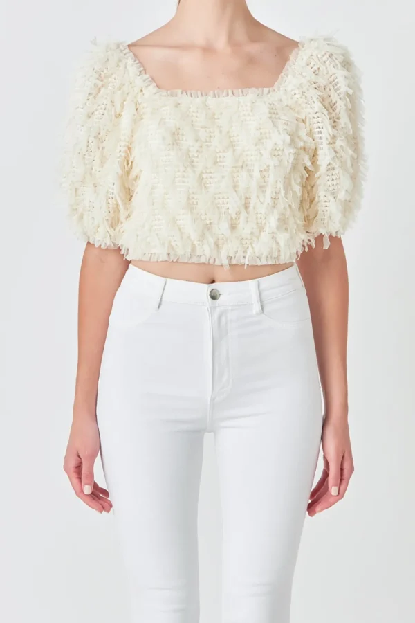 ENDLESS ROSE Tops*- Mesh Trimmed Puff Sleeve Top CREAM