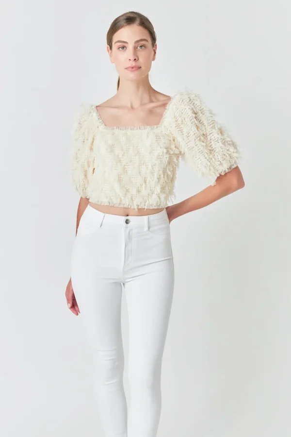 ENDLESS ROSE Tops*- Mesh Trimmed Puff Sleeve Top CREAM