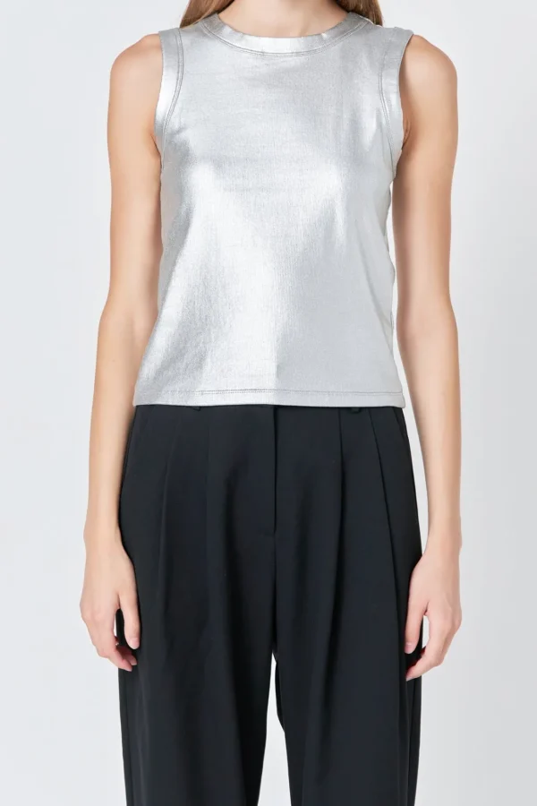 ENDLESS ROSE Tops*- Metallic Ribbed Sleeveless Top SILVER