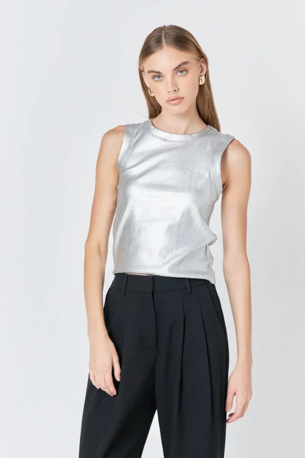 ENDLESS ROSE Tops*- Metallic Ribbed Sleeveless Top SILVER