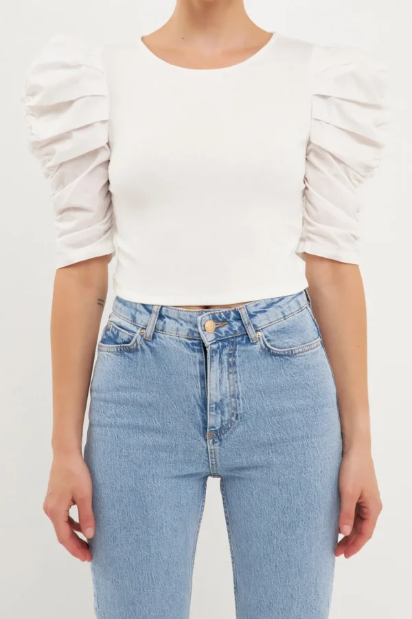 ENDLESS ROSE Tops*- Mixed Media Puff Sleeve Top
