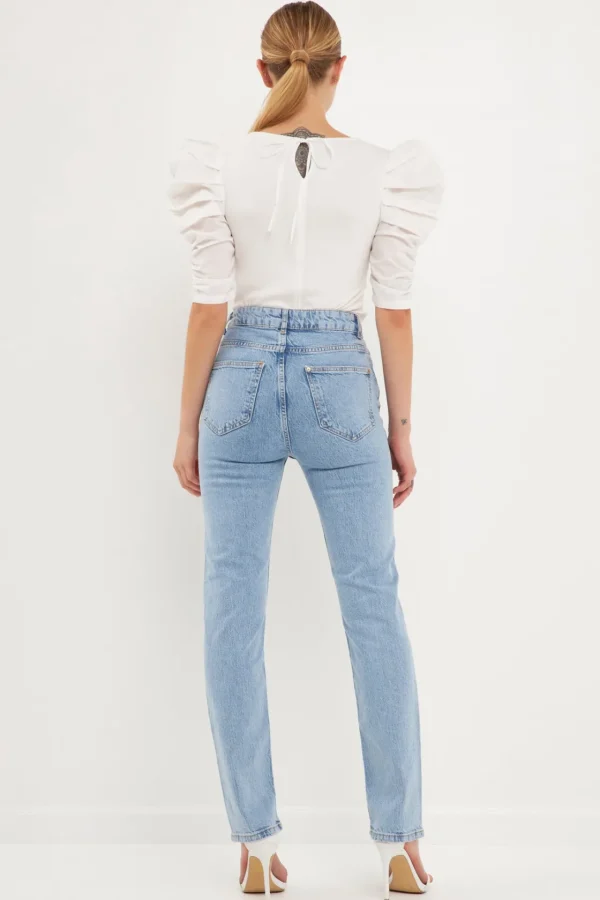 ENDLESS ROSE Tops*- Mixed Media Puff Sleeve Top