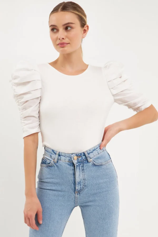 ENDLESS ROSE Tops*- Mixed Media Puff Sleeve Top