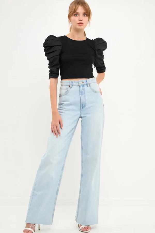 ENDLESS ROSE Tops*- Mixed Media Puff Sleeve Top