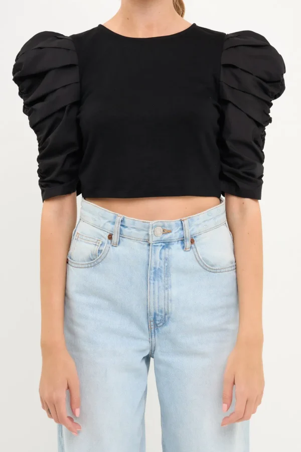 ENDLESS ROSE Tops*- Mixed Media Puff Sleeve Top