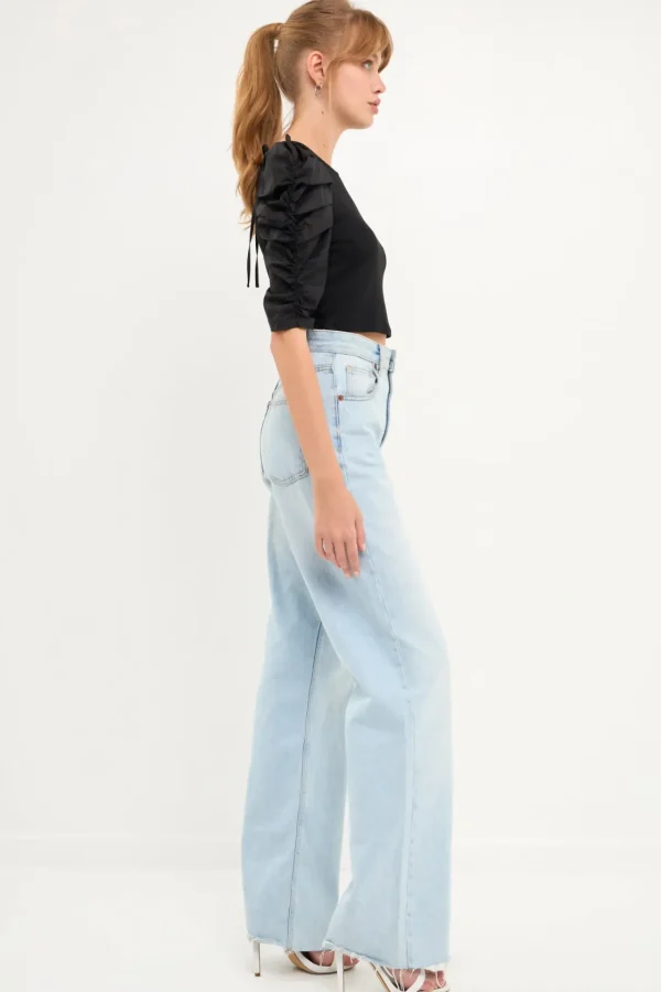 ENDLESS ROSE Tops*- Mixed Media Puff Sleeve Top