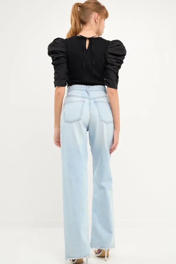 ENDLESS ROSE Tops*- Mixed Media Puff Sleeve Top