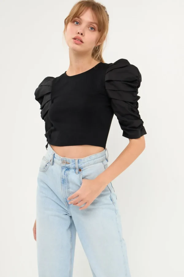 ENDLESS ROSE Tops*- Mixed Media Puff Sleeve Top