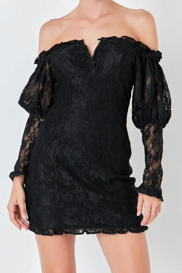 ENDLESS ROSE Tops*- Off the Shoulder Fitted Mini Dress BLACK