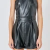 ENDLESS ROSE Tops*- One Shoulder PU Romper JETBLACK