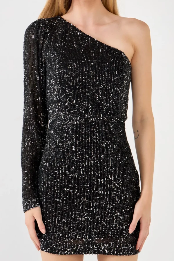 ENDLESS ROSE Tops*- One Shoulder Sequins Mini Dress SILVER/BLACK