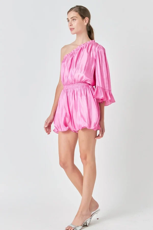 ENDLESS ROSE Tops*- One Shoulder Shiny Romper PINK