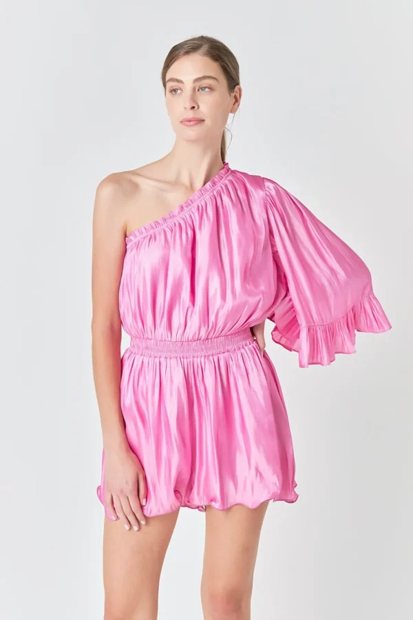 ENDLESS ROSE Tops*- One Shoulder Shiny Romper PINK