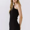 ENDLESS ROSE Tops*- One-Shoulder Ribbed Knit Mini Dress BLACK