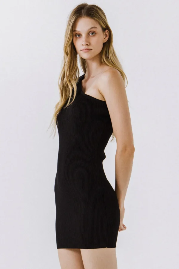 ENDLESS ROSE Tops*- One-Shoulder Ribbed Knit Mini Dress BLACK