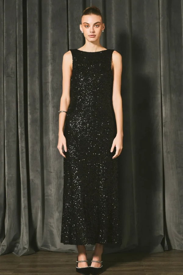 ENDLESS ROSE Tops*- Open Back Sleeveless Sequins Maxi Dress BLACK